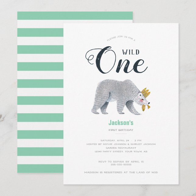 Wild One Bear Adventure First Birthday Invitation (Front/Back)