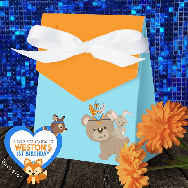 Wild One Bear and Bunny Baby Blue & Orange Treat Favour Box (Personalized Wild One Bear and Bunny Baby Blue & Orange Treat Favor Boxes)