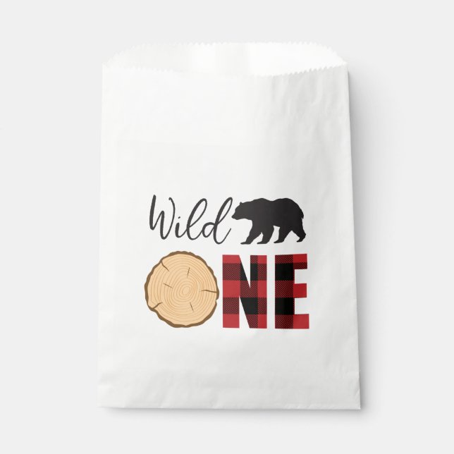 Wild One Bear Buffalo Plaid First Birthday Favour Bags (Front)