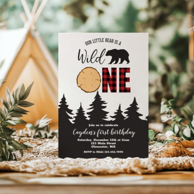 Wild One Bear Buffalo Plaid First Birthday Invitation (Creator Uploaded)