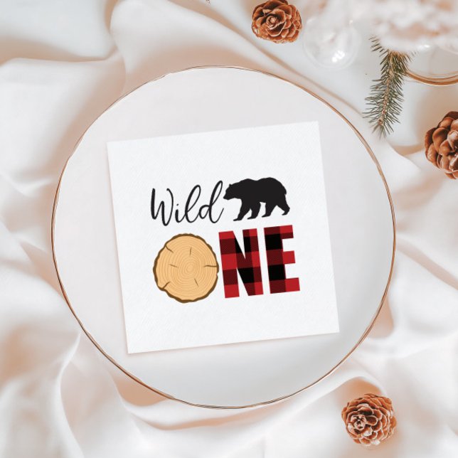 Wild One Bear Buffalo Plaid First Birthday Napkins (Creator Uploaded)