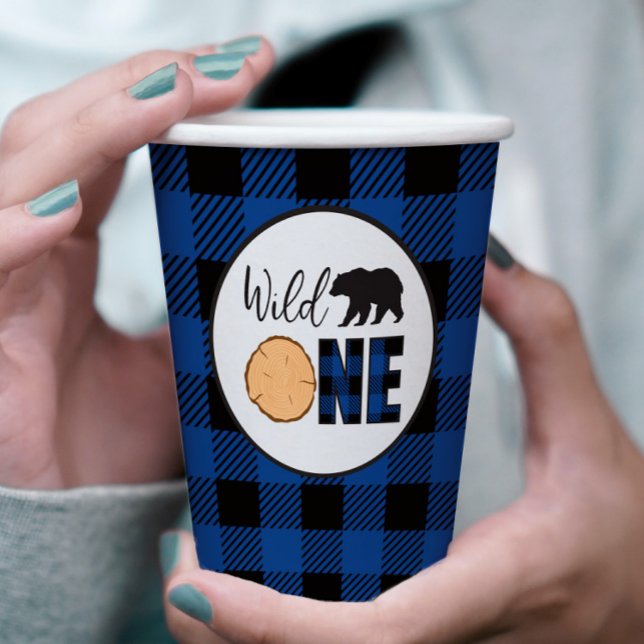 Wild One Bear Buffalo Plaid First Birthday Paper Cups (Creator Uploaded)