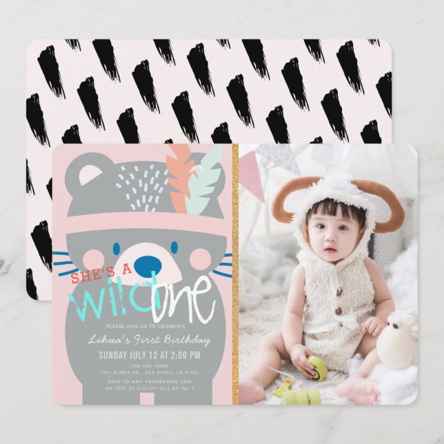 Wild One Bear Feather Girl Pink Photo 1st Birthday Invitation (Front/Back)