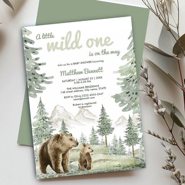 Wild One Bear Forest Baby Shower invitation  (Rustic baby shower invite with sage green watercolor forest and bear design. Ideal for woodland
)