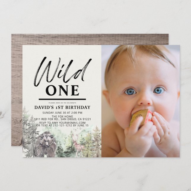 Wild One Bear Forest Mountain 1st Birthday Photo Invitation (Front/Back)