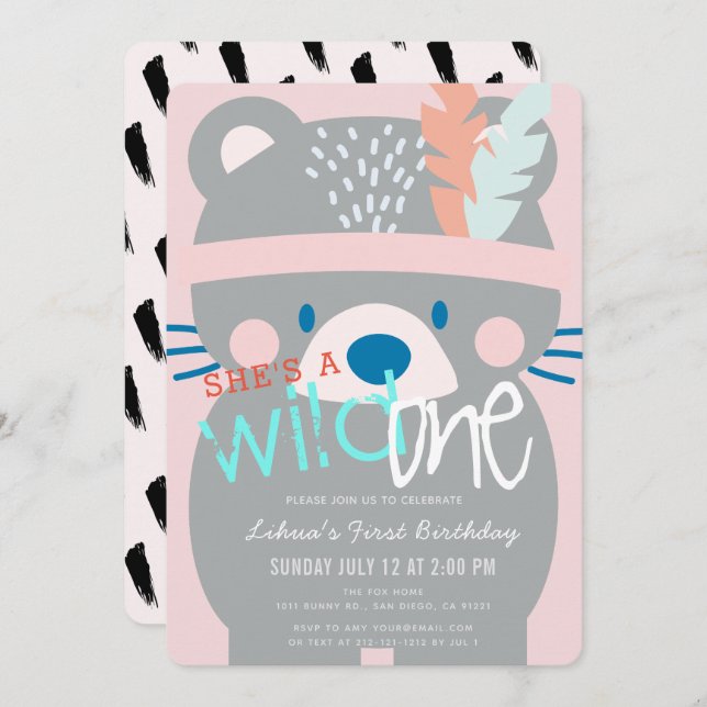 Wild One Bear Girl Pink 1st Birthday Invitation (Front/Back)