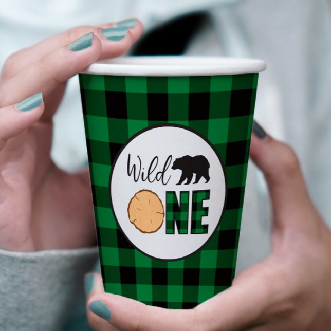 Wild One Bear green Buffalo Plaid First Birthday Paper Cups (Creator Uploaded)