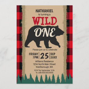 Wild One Bear Rustic Buffalo Plaid 1st Birthday Invitation