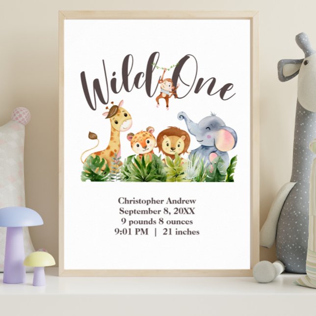 Wild One Birth Stats Jungle Safari Animals Poster (Wild One Nursery Wall Art Birth Stats Baby Shower Gift)