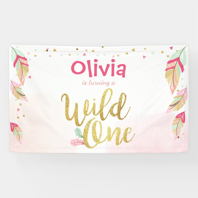 Wild one birthday banner Feathers Gold boho Tribal (Horizontal)