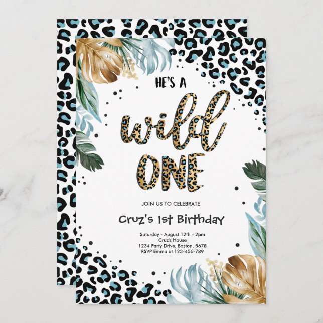 Wild One Birthday Boy Leopard Print Jungle Party Invitation (Front/Back)