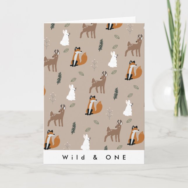 Wild One Birthday Forest Animals Pattern Brown Card (Front)