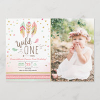 Wild one Birthday Girl Pink Gold 1st Boho Feathers