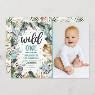 Wild One Birthday Gold Safari Jungle Animals Party Invitation