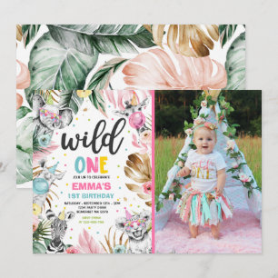 Wild One Birthday Gold Safari Jungle Animals Party Invitation