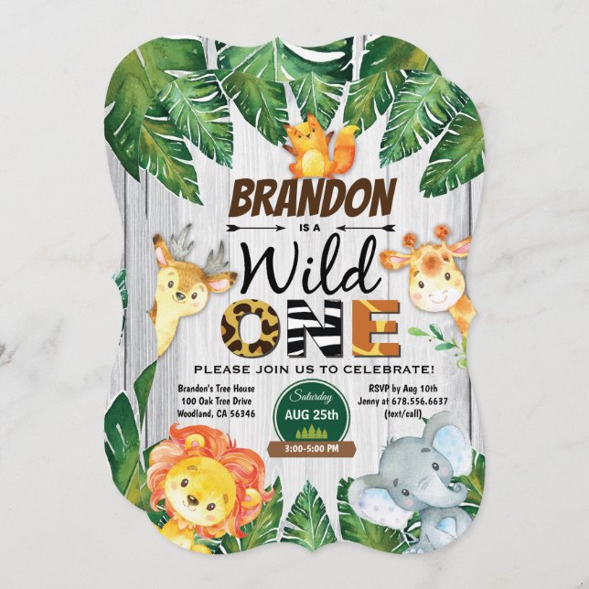 Wild One birthday invitation. Boy jungle safari Invitation (Front/Back)