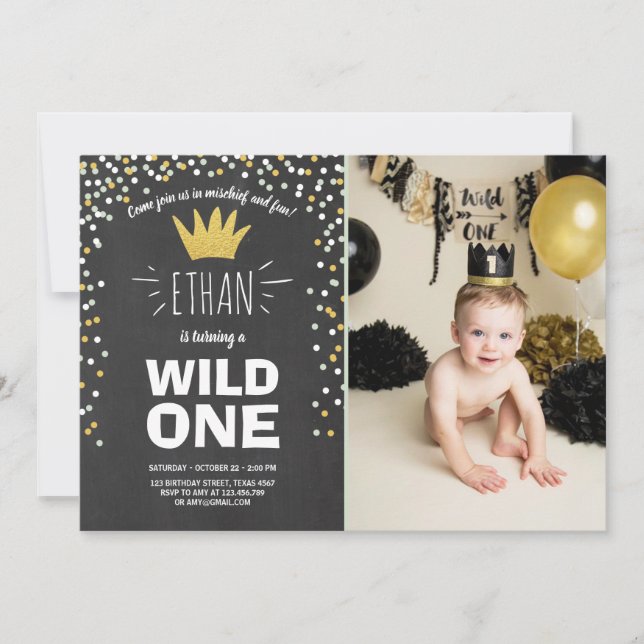 Wild One birthday invitation Boy rustic Black Gold (Front)