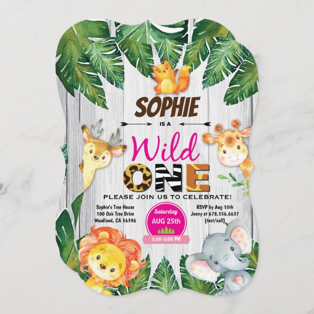 Wild One birthday invitation. Girl jungle safari Invitation (Front/Back)