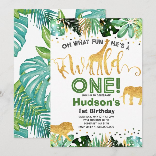 Wild One Birthday Invitation Jungle Animals Party (Front/Back)