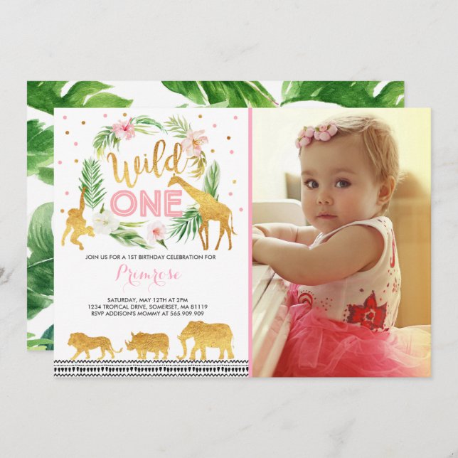 Wild One Birthday Invitation Jungle Animals Party (Front/Back)