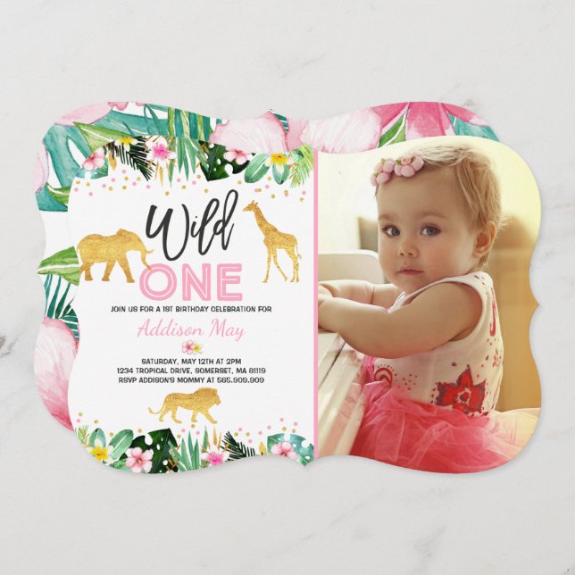 Wild One Birthday Invitation Jungle Animals Party (Front/Back)