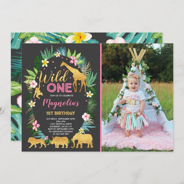 Wild One Birthday Invitation Jungle Animals Party (Front/Back)