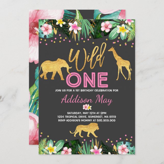 Wild One Birthday Invitation Jungle Animals Party (Front/Back)
