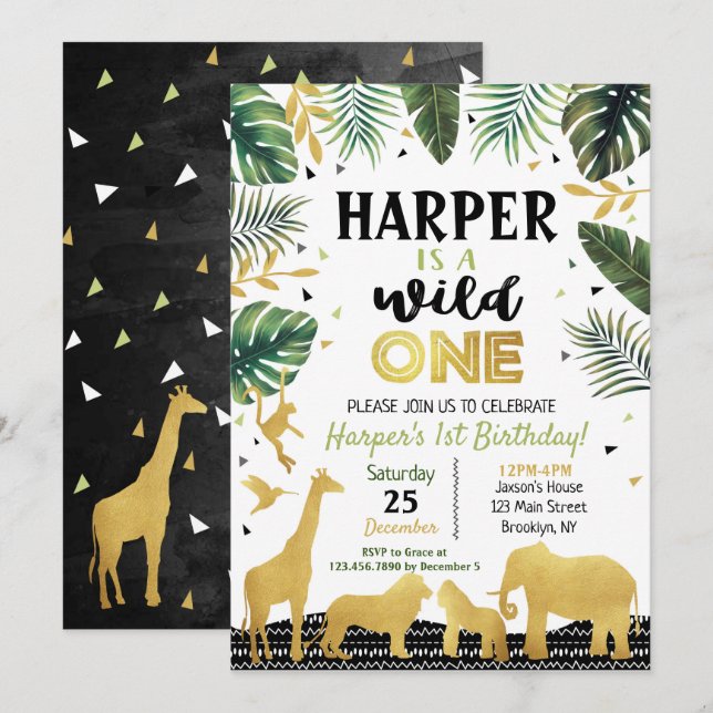 Wild One Birthday Invitation Jungle Animals Party (Front/Back)