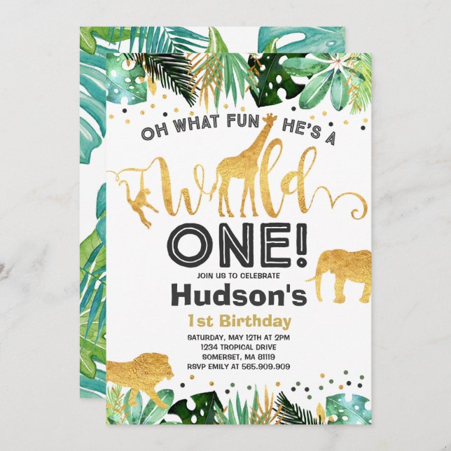 Wild One Birthday Invitation Jungle Animals Party (Front/Back)