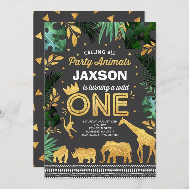Wild One Birthday Invitation Jungle Animals Party (Front/Back)