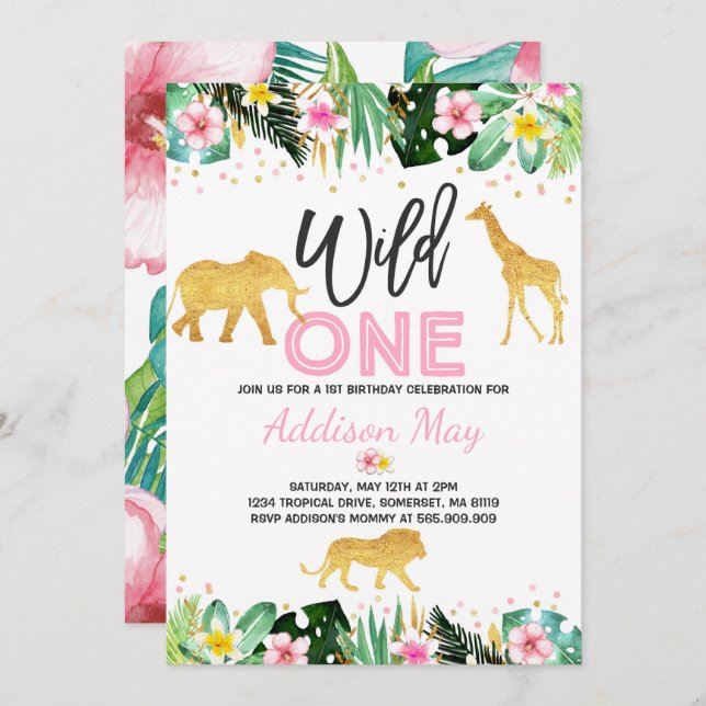 Wild One Birthday Invitation Jungle Animals Party (Front/Back)