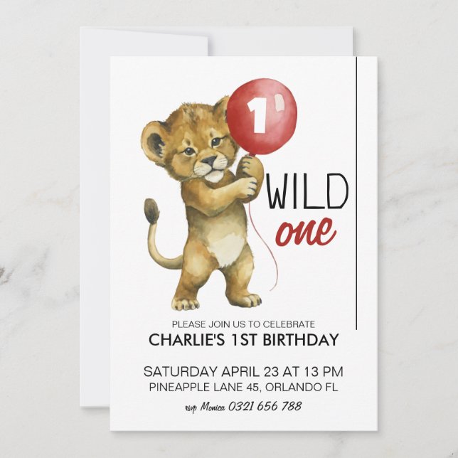 Wild One Birthday Invitation, Lion 1st Birthday  Invitation (Front)