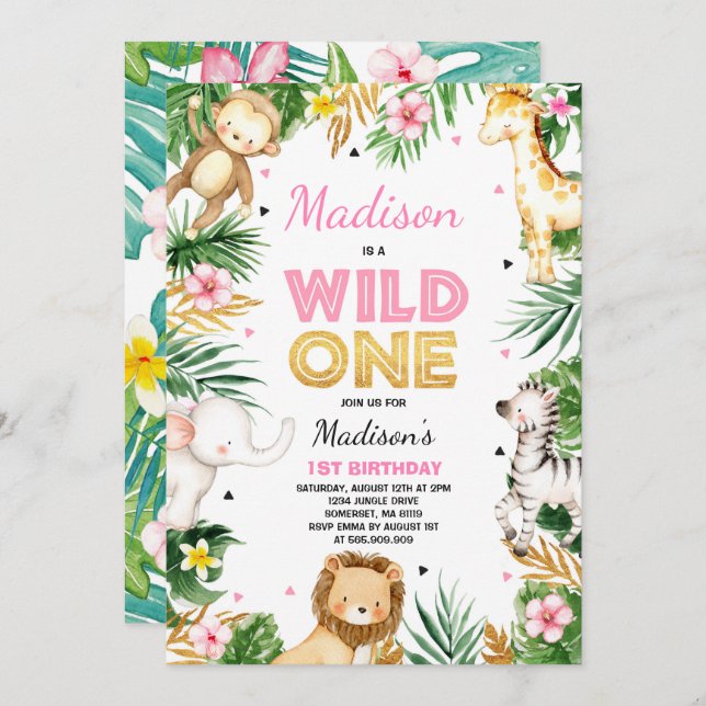 Wild One Birthday Invitation Safari Animals Party (Front/Back)
