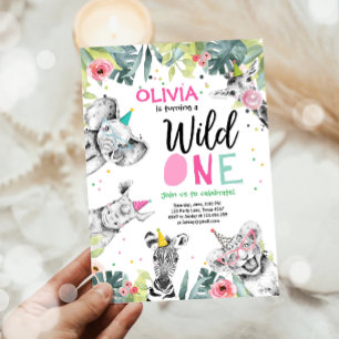 Wild One Birthday Invitation Safari Girl Animals