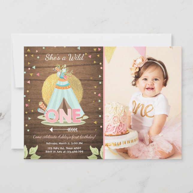 Wild One birthday invitation Teepee Boho Girl Wood (Front)