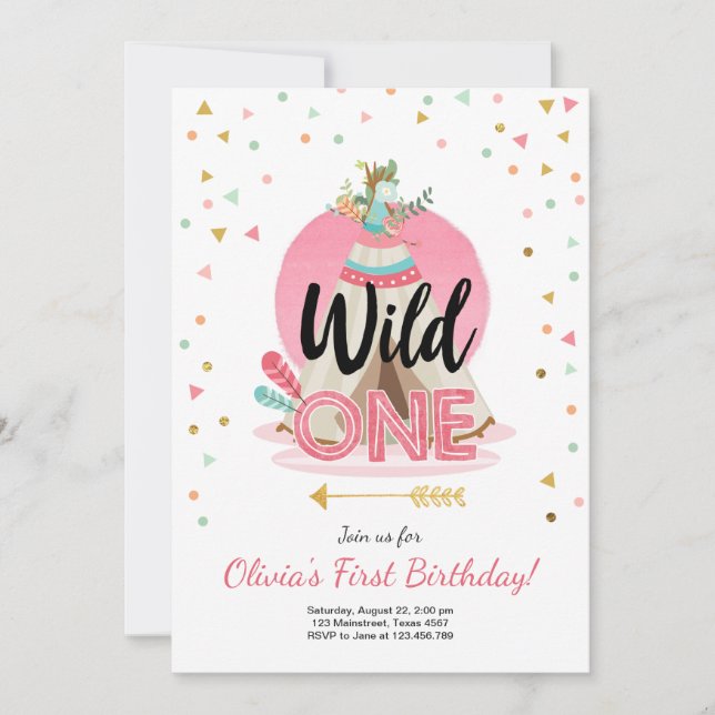 Wild One Birthday Invitation Teepee Boho Girl Wood (Front)