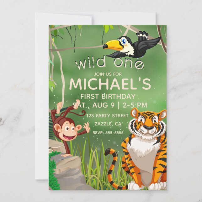 Wild One Birthday Jungle Animals Party Invitation (Front)