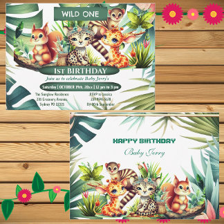 Wild One Birthday Jungle Safari Tropical Greenery Invitation