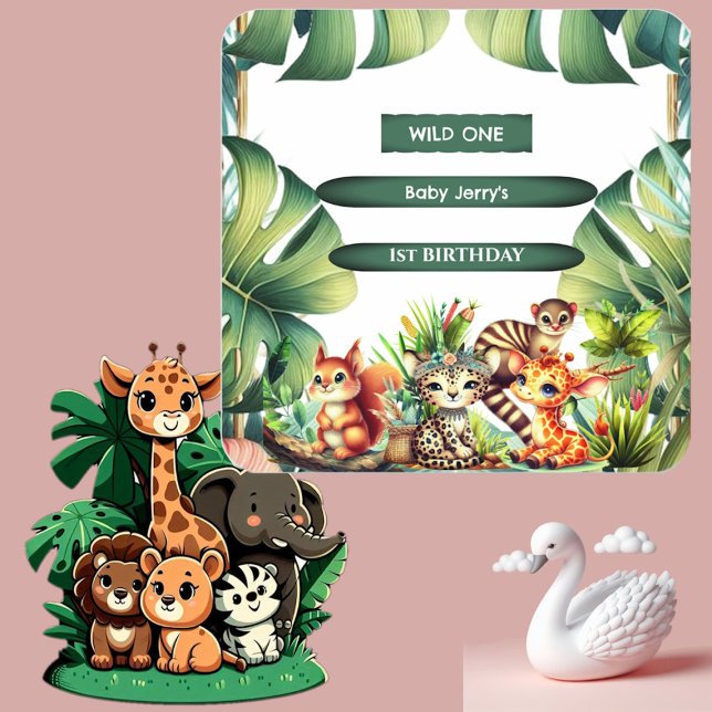 Wild One Birthday Jungle Safari Tropical Greenery  Square Sticker (Wild One Birthday Jungle Safari Tropical Greenery Square Sticker)