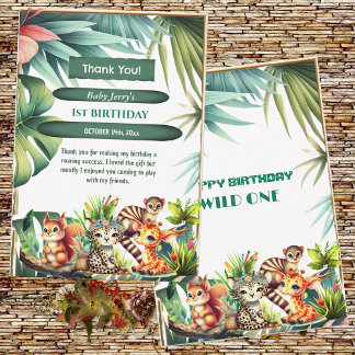 Wild One Birthday Jungle Safari Tropical Greenery  Thank You Card