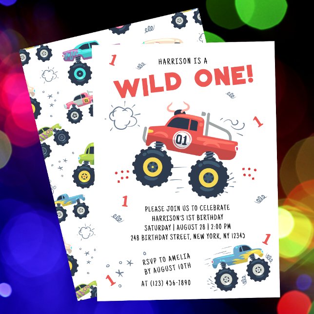 Wild One Birthday Modern Kids Monster Car Trucks Invitation (Creator Uploaded)