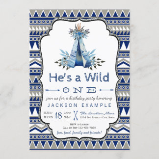 Wild One Birthday Party Blue Teepee First Birthday Invitation