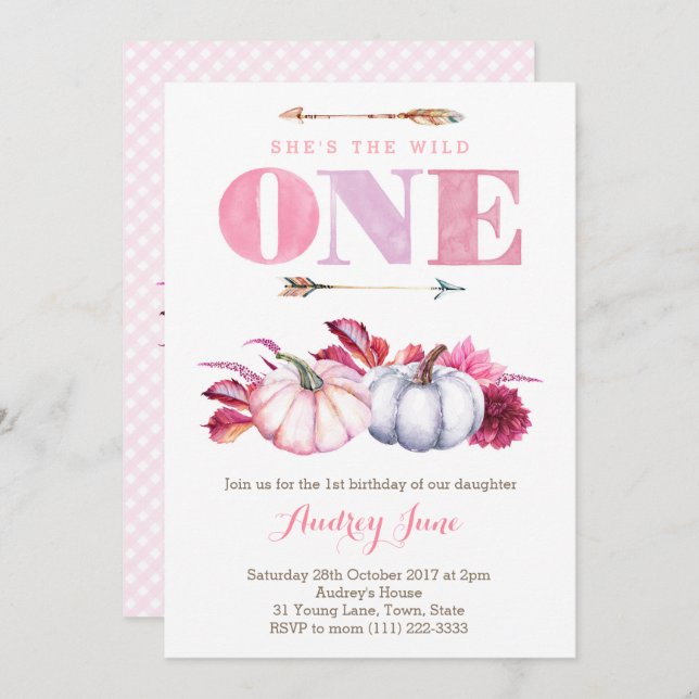 Wild ONE Birthday Party theme, Fall 1st Birthday Invitation (Front/Back)