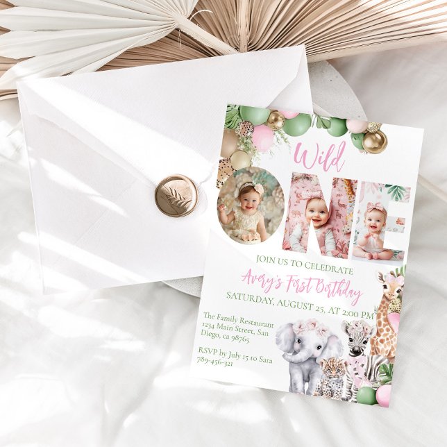 Wild One Birthday Pink Girl Safari Animal Photo Invitation (Creator Uploaded)