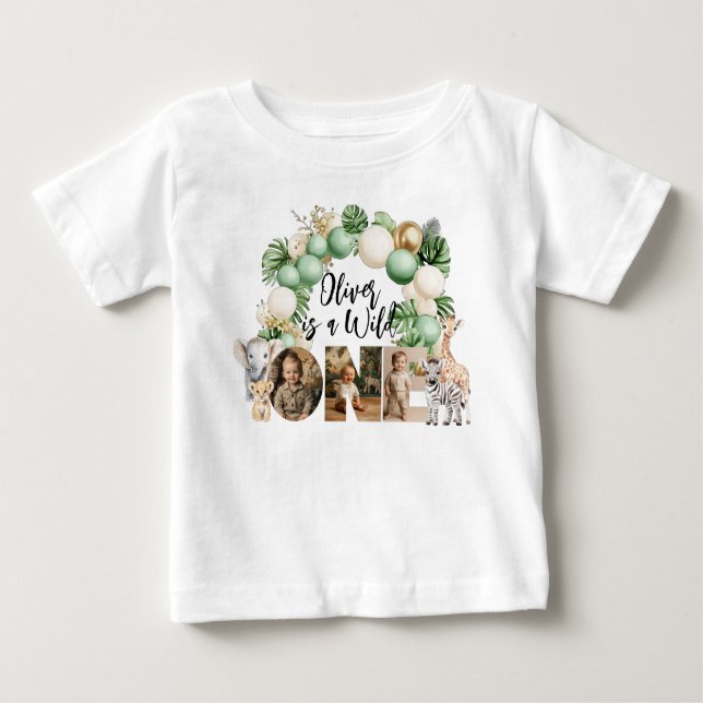 Wild One Birthday Safari Animal Photo Baby T-Shirt (Front)