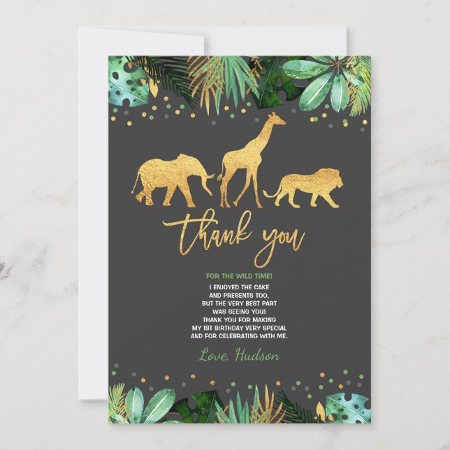 Wild One Birthday Thank You Card Jungle Animals (Front)