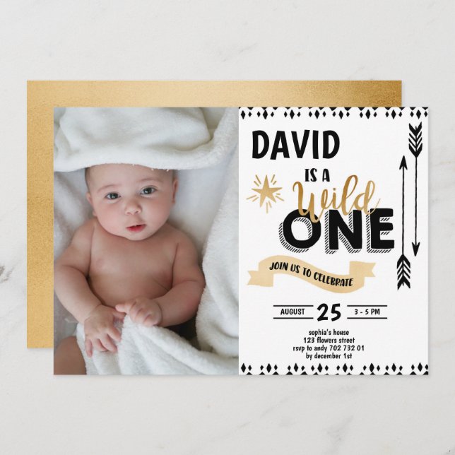 Wild One Black & Gold Boy 1st Birthday Photo Invitation (Front/Back)
