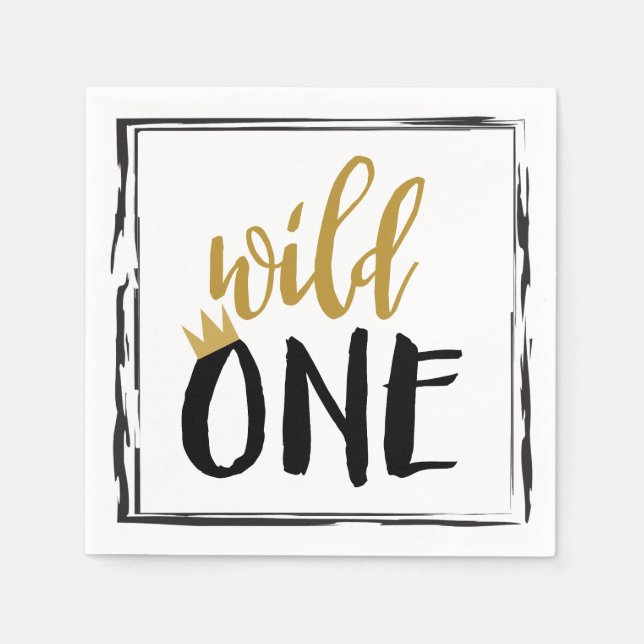 Wild One Black + Gold Photo 1 1st Birthday Napkin (Front)