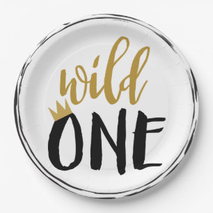 Wild One Black + Gold Photo 1 1st Birthday Paper Plate