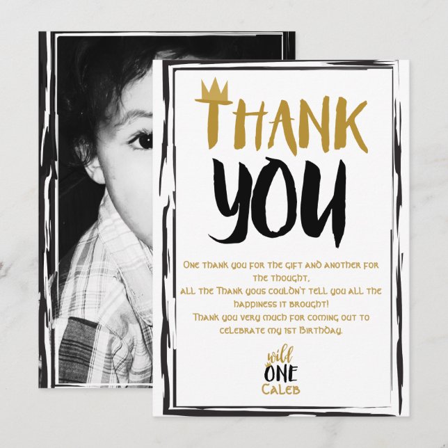 Wild One Black Gold Photo 1 1st Birthday Thank You Invitation (Front/Back)